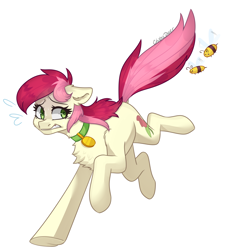 Size: 2466x2742 | Tagged: safe, artist:chibadeer, imported from derpibooru, roseluck, bee, insect, pony, chest fluff, collar, commissioner:doom9454, cute, female, pet tag, pony pet, rosepet, running, scary, simple background, solo, white background