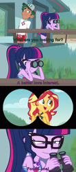 Size: 1280x2880 | Tagged: safe, edit, edited screencap, imported from derpibooru, screencap, sci-twi, sunset shimmer, timber spruce, twilight sparkle, equestria girls, equestria girls series, unsolved selfie mysteries, bikini, binoculars, cap, caption, clothes, female, geode of empathy, geode of telekinesis, glasses, hat, lesbian, lifeguard timber, magical geodes, male, ponytail, scitwishimmer, shipping, shipping fuel, sunsetsparkle, swimsuit, text, timberbuse