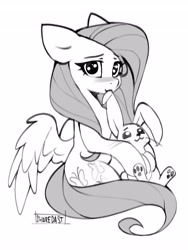 Size: 3084x4096 | Tagged: safe, artist:share dast, imported from derpibooru, angel bunny, fluttershy, pegasus, pony, rabbit, animal, blushing, cute, female, grayscale, high res, looking at you, male, mare, monochrome, nom, shyabetes, simple background, sitting, solo, white background