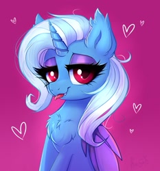 Size: 1563x1679 | Tagged: safe, artist:confetticakez, imported from derpibooru, trixie, alicorn, bat pony, bat pony alicorn, pony, alicornified, bat ponified, bat wings, bedroom eyes, chest fluff, cute, cute little fangs, diatrixes, ear fluff, eyeshadow, fangs, female, heart, horn, looking at you, makeup, pink background, race swap, red eyes, simple background, solo, tongue out, trixiebat, trixiecorn, wings