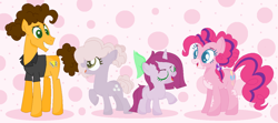 Size: 1212x536 | Tagged: safe, artist:bittersweethare, artist:selenaede, imported from derpibooru, cheese sandwich, pinkie pie, oc, oc:little berry, oc:sugar cube, earth pony, pony, unicorn, alternate hairstyle, base used, cheesepie, clothes, female, filly, grin, male, mare, markings, offspring, open mouth, parent:cheese sandwich, parent:pinkie pie, parents:cheesepie, raised hoof, shipping, shirt, smiling, stallion, straight