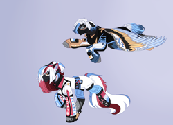 Size: 2200x1600 | Tagged: safe, artist:kookiebeatz, imported from derpibooru, oc, oc only, oc:crypto crush, oc:cyber snipe, cyborg, earth pony, pegasus, cyber-questria, amputee, artificial wings, augmented, bandana, belt, boots, brother and sister, choker, clothes, commission, female, freckles, goggles, gun, handgun, headphones, headset, jacket, male, mare, markings, multicolored hair, pistol, prosthetic leg, prosthetic limb, prosthetic wing, prosthetics, shoes, shorts, siblings, spiked choker, stallion, wings