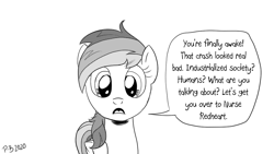 Size: 1200x675 | Tagged: safe, artist:pony-berserker, imported from derpibooru, rainbow dash, pegasus, pony, black and white, dialogue, female, grayscale, mare, meme, monochrome, ponified meme, pony-berserker's twitter sketches, skyrim, the elder scrolls, you're finally awake