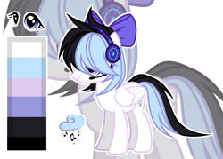 Size: 1578x1131 | Tagged: safe, alternate version, artist:picasu, imported from derpibooru, oc, oc only, oc:dazzling drizzle, pegasus, pony, cyber-questria, bow, female, hair bow, headphones, headset, mare, reference sheet, solo, spy, zoom layer