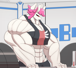 Size: 3139x2800 | Tagged: safe, artist:mopyr, imported from derpibooru, oc, oc only, oc:fort, anthro, original species, abs, barbell, black sclera, female, horn, lifting, muscles, overdeveloped muscles, solo, weights, workout outfit