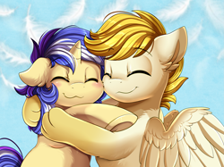 Size: 2379x1783 | Tagged: safe, artist:pridark, imported from derpibooru, oc, oc only, pony, unicorn, commission, eyes closed, high res, hug, smiling, underhoof, wings