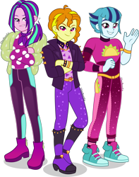 Size: 3539x4500 | Tagged: safe, alternate version, artist:limedazzle, imported from derpibooru, adagio dazzle, aria blaze, sonata dusk, equestria girls, equestria girls series, sunset's backstage pass!, spoiler:eqg series (season 2), allegro amoroso, clothes, converse, crossed arms, equestria guys, jacket, looking at you, ouvertis grandioso, pants, rule 63, scherzo lesto, shoes, show accurate, simple background, the blindings, the dazzlings, transparent background, trio