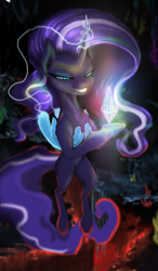 Size: 1267x2173 | Tagged: safe, artist:vladimir-olegovych, idw, imported from derpibooru, nightmare rarity, rarity, pony, unicorn, diamond, glowing horn, hand, holding a pony, horn, levitation, magic, magic hands, self-levitation, telekinesis