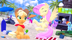 Size: 3840x2160 | Tagged: safe, artist:owlpirate, imported from derpibooru, applejack, derpy hooves, fluttershy, pinkie pie, rainbow dash, rarity, twilight sparkle, alicorn, earth pony, pegasus, unicorn, 3d, beach, beach towel, bucket, cute, female, food, hat, ice cream, inflatable, inflatable toy, mane six, mare, palm tree, pool toy, popsicle, shyabetes, source filmmaker, surfboard, tongue out, tree, twilight sparkle (alicorn), umbrella