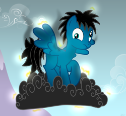 Size: 7200x6600 | Tagged: safe, artist:agkandphotomaker2000, imported from derpibooru, oc, oc:pony video maker, pegasus, pony, burn, burned, cloud, dark cloud, dizzy, electrified, messy mane, messy tail, mountain, pegasus problems, show accurate, simple background, smoke, thunder cloud