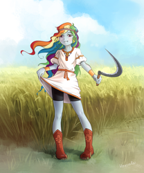 Size: 998x1200 | Tagged: safe, artist:vyazinrei, imported from derpibooru, rainbow dash, equestria girls, alternate hairstyle, blue skin, boots, bracelet, clothes, cloud, compression shorts, cottagecore, dress, dress lift, ear piercing, earring, female, food, grass, happy, jewelry, may day, multicolored hair, outdoors, pagan, piercing, pink eyes, rainbow dash always dresses in style, rainbow hair, rodnovery, sexy, shiny skin, shoes, shorts, sickle, signature, slavic, smiling, solo, tomboy, watermark, wheat