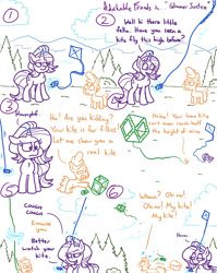 Size: 4779x6013 | Tagged: safe, artist:adorkabletwilightandfriends, imported from derpibooru, starlight glimmer, oc, oc:johnny, earth pony, pony, unicorn, comic:adorkable twilight and friends, above, adorkable, adorkable friends, bitchlight glimmer, cocky, colt, comic, cute, dork, female, glowing horn, horn, humor, jerk, justice, kindness, kite, magic, male, mean, nature, outdoors, perspective, slice of life, telekinesis, wind