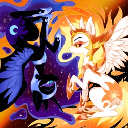 Size: 1300x1300 | Tagged: safe, artist:candy0s, imported from derpibooru, daybreaker, nightmare moon, alicorn, pony, a royal problem, constellation, duo, ethereal mane, female, mane of fire, mare, sitting, spread wings, starry mane, upside down, wings