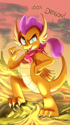 Size: 2160x3840 | Tagged: safe, artist:sintakhra, imported from derpibooru, smolder, dragon, tumblr:studentsix, badass, badass adorable, bandana, clothes, cute, female, lava, neckerchief, pointing at self, scarf, solo