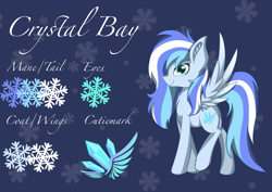 Size: 2387x1694 | Tagged: safe, artist:crystalbay, imported from derpibooru, oc, oc only, oc:crystal bay, pegasus, pony, blue, clothes, coat, color, crystal, female, mare, pegasus oc, reference sheet, snow, snowflake, solo, wings