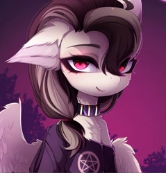 Size: 926x969 | Tagged: safe, artist:magnaluna, imported from derpibooru, oc, oc only, oc:indicia, pegasus, pony, clothes, collar, female, hoodie, moon, pentagram, red eyes