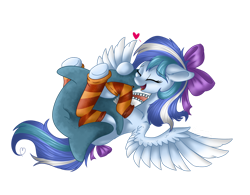 Size: 1280x1000 | Tagged: safe, artist:crystalbay, imported from derpibooru, oc, oc:crystal bay, pegasus, pony, shark, blue, blåhaj, bow, clothes, cuddly, cute, friendship, hair bow, heart, hug, ikea, ikea shark, love, pegasus oc, plushie, purple, shark plushie, simple background, socks, soft, spreading, striped socks, transparent background, wings