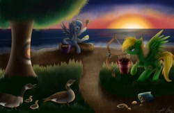 Size: 1280x832 | Tagged: safe, artist:crystalbay, imported from derpibooru, oc, oc only, oc:crystal bay, oc:sky arrow, bird, duck, goose, pegasus, pony, arrow, artcontest, bow, cheering, cookie, dirt, evening, food, grass, honk, ocean, painting, seashore, seaside, shine, shore, sun, sundown, sunset, target, tree