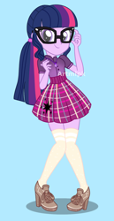 Size: 1800x3500 | Tagged: safe, artist:artmlpk, imported from derpibooru, sci-twi, twilight sparkle, equestria girls, adorable face, adorkable, alternate hairstyle, beautiful, boots, clothes, cute, digital art, dork, female, geode of telekinesis, glasses, high heel boots, high heels, kneesocks, long socks, looking at you, magical geodes, meganekko, miniskirt, nerd, plaid skirt, pleated skirt, shoes, skirt, smiling, smiling at you, socks, solo, thigh highs, thigh socks, twiabetes, watermark