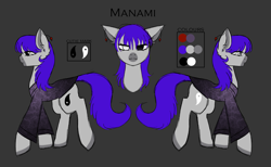 Size: 2583x1590 | Tagged: safe, artist:vaiola, imported from derpibooru, oc, oc only, oc:manami, earth pony, pony, clothes, cutie mark, ear piercing, earring, female, haori, heterochromia, jewelry, long mane, long tail, mare, piercing, reference sheet, simple background, solo