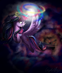 Size: 1981x2320 | Tagged: safe, artist:crystalbay, imported from derpibooru, lord tirek, twilight sparkle, alicorn, pony, season 4, twilight's kingdom, angry, beautiful, cloud, colorful, colourful, dirt, fierce, fight, fight scene, flying, high, kingdom, magic, magical, power, powerful, rage, rainbow, rock, shading, twilight sparkle (alicorn), upset, wings