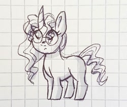 Size: 1080x906 | Tagged: safe, artist:galaxy.in.mind, imported from derpibooru, oc, oc only, oc:crystal dawn, changepony, pony, unicorn, eyelashes, female, filly, frown, graph paper, horn, lineart, looking up, magical lesbian spawn, offspring, parent:princess celestia, parent:queen chrysalis, parents:chryslestia, solo, text, traditional art, unicorn oc