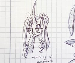 Size: 1080x906 | Tagged: safe, artist:galaxy.in.mind, imported from derpibooru, oc, oc only, oc:crystal dawn, changepony, pony, unicorn, bust, curved horn, eyelashes, female, graph paper, horn, lineart, magical lesbian spawn, makeup, mare, offspring, parent:princess celestia, parent:queen chrysalis, parents:chryslestia, solo, text, traditional art, unicorn oc