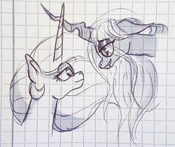 Size: 1080x906 | Tagged: safe, artist:galaxy.in.mind, imported from derpibooru, princess celestia, queen chrysalis, alicorn, changeling, changeling queen, pony, bedroom eyes, bust, chryslestia, female, graph paper, lesbian, makeup, mare, shipping, traditional art