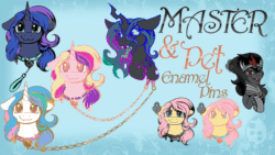 Size: 1200x675 | Tagged: dead source, safe, artist:banoodle, imported from derpibooru, king sombra, princess cadance, princess celestia, princess luna, queen chrysalis, alicorn, changeling, changeling queen, pegasus, pony, unicorn, alternate timeline, animated, bust, collar, female, femdom, femsub, gif, heart eyes, hoof hold, hoof shoes, leash, lipstick, male, mare, master, night maid rarity, nightmare takeover timeline, pin, raised hoof, smiling, stallion, submissive, tongue out, wingding eyes