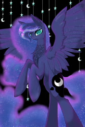 Size: 400x600 | Tagged: dead source, safe, artist:banoodle, imported from derpibooru, princess luna, alicorn, pony, ethereal mane, female, mare, rearing, solo, starry mane