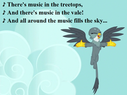 Size: 864x648 | Tagged: safe, edit, edited screencap, imported from derpibooru, screencap, gabby, filli vanilli, the fault in our cutie marks, cloud, cropped, cute, female, gabbybetes, lyrics, music in the treetops, singing, song reference, text