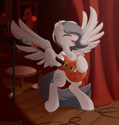 Size: 3600x3789 | Tagged: safe, artist:dogihotdogi, imported from derpibooru, oc, oc only, oc:santanna, pegasus, pony, club, eyes closed, fedora, female, guitar, happy, hat, microphone, musical instrument, short hair, singing, smiling, solo, stage, wings