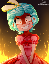 Size: 1220x1600 | Tagged: safe, artist:the-butch-x, imported from derpibooru, cozy glow, equestria girls, adorabolical, adoracreepy, clothes, creepy, cute, dress, edgy, equestria girls-ified, evil, evil grin, eyes on the prize, female, fire, glowing eyes, grin, looking at you, nightmare fuel, png, pure concentrated unfiltered evil of the utmost potency, pure unfiltered evil, run, signature, slasher smile, smiling, smiling at you, solo, some mares just want to watch the world burn