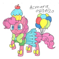 Size: 959x954 | Tagged: safe, artist:cmara, imported from derpibooru, pinkie pie, earth pony, pony, balloon, clothes, dress, female, gala dress, hat, mare, raised hoof, shirt, simple background, skirt, solo, traditional art, white background