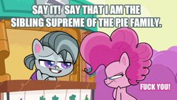 Size: 1920x1080 | Tagged: safe, edit, edited screencap, imported from derpibooru, screencap, octavio pie, pinkie pie, pony, my little pony: pony life, pie vs. pie, spoiler:pony life s01e39, angry, brother and sister, caption, female, fuck you, g4.5, image macro, male, sibling supreme, siblings, text, vulgar