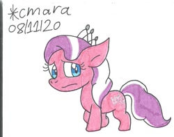 Size: 860x678 | Tagged: safe, artist:cmara, imported from derpibooru, diamond tiara, earth pony, pony, female, filly, jewelry, sad, simple background, solo, tiara, traditional art, white background