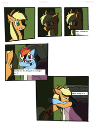 Size: 1700x2194 | Tagged: safe, artist:cmara, imported from derpibooru, applejack, rainbow dash, earth pony, pegasus, pony, comic:i'm busy, applejack's hat, bandage, bed, bipedal, blanket, blood, cowboy hat, crying, eyes closed, female, forgiveness, freckles, gritted teeth, hat, hospital, hospital bed, hug, mare, open mouth, pillow, raised hoof, sad, simple background, white background