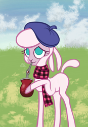 Size: 2044x2936 | Tagged: safe, artist:branewashpv, artist:theratedrshimmer, imported from derpibooru, pom lamb, lamb, sheep, them's fightin' herds, argentina, beret, clothes, colored, community related, cute, drinking, female, flat colors, grass, hat, mate, meme, no pupils, pom (tfh), ponified meme, scarf, solo, straw, straw in mouth, yerba mate