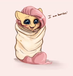 Size: 3081x3225 | Tagged: safe, artist:miokomata, imported from derpibooru, fluttershy, pegasus, pony, blanket burrito, blushing, burrito, cute, daaaaaaaaaaaw, dialogue, ear fluff, female, freckles, freckleshy, high res, looking at you, mare, miokomata is trying to murder us, misleading thumbnail, open mouth, pink background, shyabetes, simple background, smiling, solo, talking to viewer, weapons-grade cute