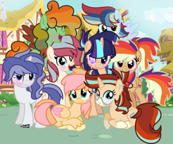 Size: 1805x1510 | Tagged: safe, artist:angellight-bases, artist:lighting-chaser, imported from derpibooru, oc, oc only, oc:aurora sparkle sentry, oc:blizzard storm, oc:butterfly muffin, oc:candy apple, oc:crystal diamond, oc:diamond redhoof, oc:rainbow pie, oc:sunrise glimmer, pony, base used, facing you, group, lying down, magical lesbian spawn, next generation, offspring, parent:applejack, parent:big macintosh, parent:fancypants, parent:flash sentry, parent:fluttershy, parent:rainbow dash, parent:rarity, parent:soarin', parent:starlight glimmer, parent:sunburst, parent:twilight sparkle, parents:appledash, parents:canon x oc, parents:flashlight, parents:fluttermac, parents:raripants, parents:soarindash, parents:starburst, ponyville, standing