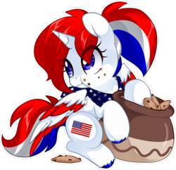 Size: 700x675 | Tagged: safe, artist:loyaldis, imported from derpibooru, oc, oc only, oc:liberty belle, pony, american flag, commission, cookie, cookie jar, crumbs, eating, female, food, mare, simple background, solo, transparent background, your character here