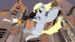 Size: 2861x1620 | Tagged: safe, artist:divifilly, imported from derpibooru, derpy hooves, pony, derpy soldier, hightower, rocket, rocket jump, rocket launcher, soldier, team fortress 2