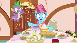 Size: 1920x1080 | Tagged: safe, imported from derpibooru, screencap, cup cake, spike, dragon, pony, the big mac question, batter, female, flour, food, mare, pie, winged spike, wings