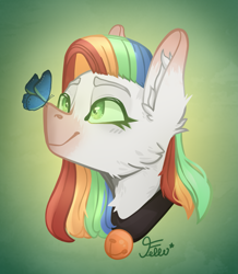 Size: 1623x1863 | Tagged: safe, artist:starfello, imported from derpibooru, oc, butterfly, earth pony, pony, bust, collar, ear fluff, earth pony oc, multicolored hair, rainbow hair, signature, smiling