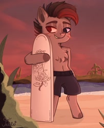 Size: 1280x1575 | Tagged: safe, artist:starfello, imported from derpibooru, oc, oc only, earth pony, pony, beach, bipedal, chest fluff, clothes, earth pony oc, heterochromia, male, outdoors, shorts, smiling, solo, stallion, surfboard