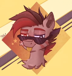 Size: 1280x1349 | Tagged: safe, artist:starfello, imported from derpibooru, oc, oc only, earth pony, pony, :p, abstract background, bust, chest fluff, earth pony oc, heterochromia, male, signature, solo, stallion, sunglasses, tongue out