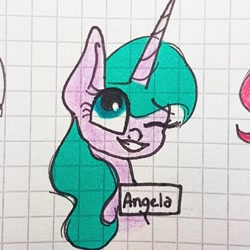 Size: 1080x1080 | Tagged: safe, artist:galaxy.in.mind, imported from derpibooru, oc, oc only, oc:angela, pony, unicorn, bust, eyelashes, female, graph paper, horn, mare, traditional art, unicorn oc