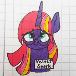 Size: 1080x1080 | Tagged: safe, artist:galaxy.in.mind, imported from derpibooru, oc, oc only, oc:velvet spark, pony, unicorn, bust, eyelashes, female, glasses, graph paper, horn, magical lesbian spawn, mare, offspring, parent:tempest shadow, parent:twilight sparkle, parents:tempestlight, traditional art, unicorn oc