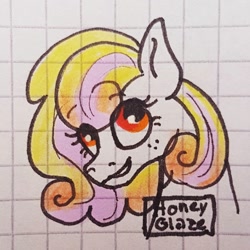 Size: 1080x1080 | Tagged: safe, artist:galaxy.in.mind, imported from derpibooru, oc, oc only, oc:honey glaze, earth pony, pony, bust, earth pony oc, eyelashes, female, freckles, graph paper, grin, magical lesbian spawn, mare, offspring, parent:applejack, parent:rarity, parents:rarijack, smiling, traditional art