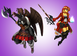 Size: 900x659 | Tagged: safe, artist:pia-sama, imported from derpibooru, sunset shimmer, oc, anthro, griffon, plantigrade anthro, unicorn, anthro oc, axe, commission, digital art, fantasy class, female, final fantasy, final fantasy xiv, gradient background, griffon oc, mare, rapier, red mage, sword, warrior, weapon